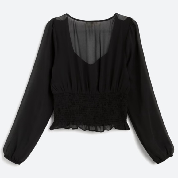 nine britton sheer black long puff sleeve scoop neck smocked peasant blouse-S - Picture 2 of 9